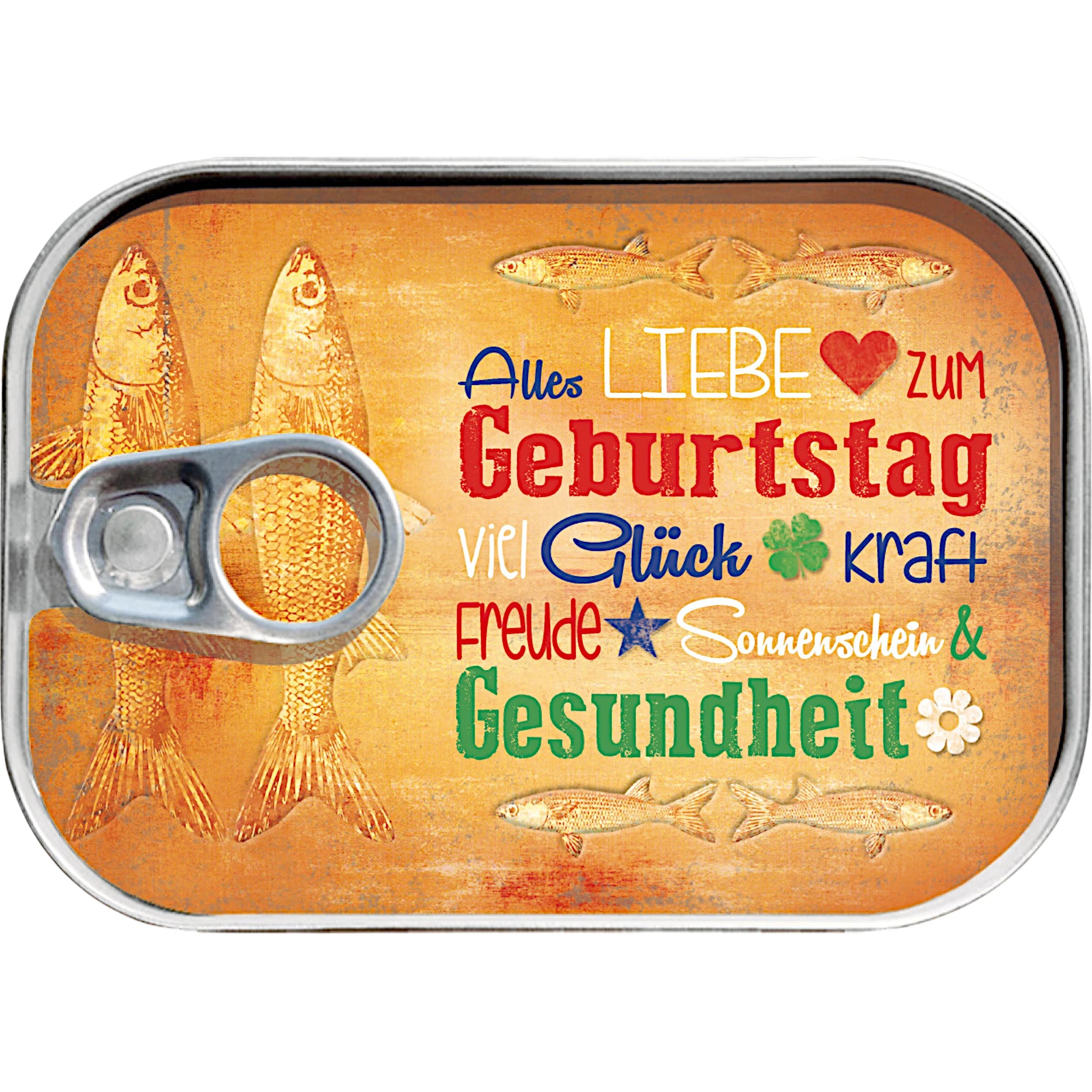 Dosenpost zum Geburtstag mit Fischmotiv – originelle Postkarte in der Dose