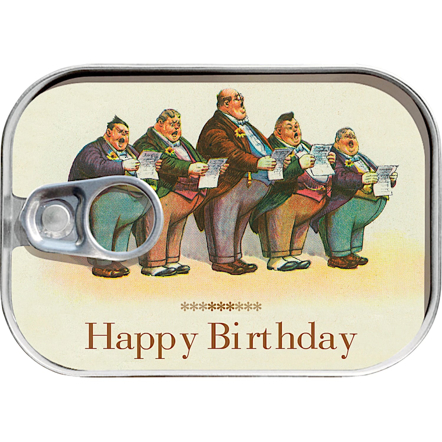 Dosenpost Happy Birthday mit singenden Männern im Vintage-Stil
