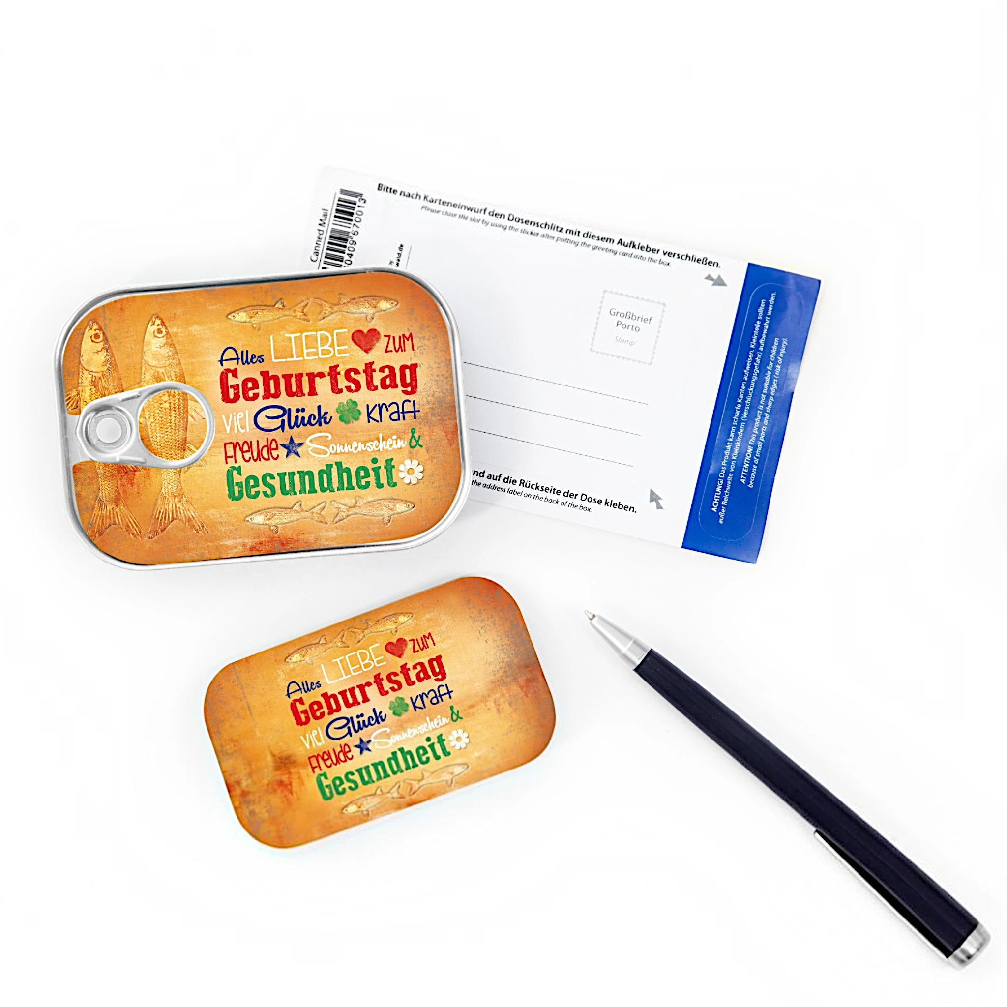 Dosenpost zum Geburtstag mit Fischmotiv und herausnehmbarer Postkarte