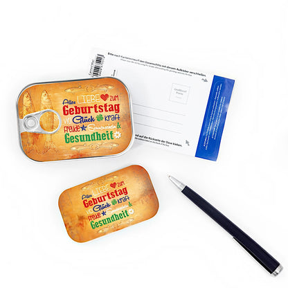 Dosenpost zum Geburtstag mit Fischmotiv und herausnehmbarer Postkarte