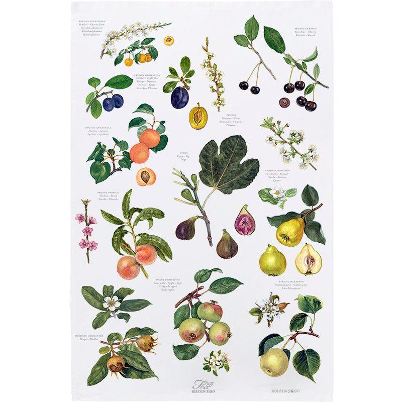 Geschirrtuch mit farbenfrohem Früchtemotiv aus Baumwolle für Küche und Landhausstil.