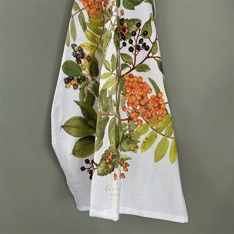 Geschirrtuch aus Bio-Baumwolle mit herbstlichen  Naturmotiven für die Küche.
