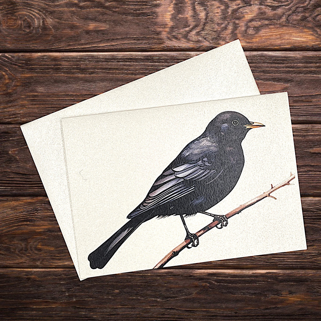 Eine Amsel auf einer Klappkarte liegend auf Tisch