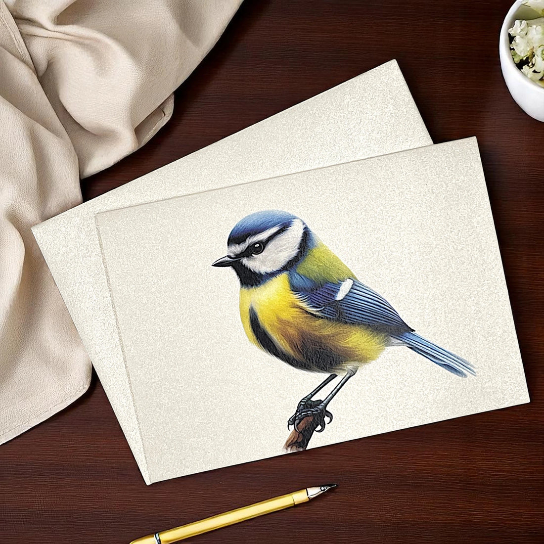 Klappkarte mit Motiv Blaumeise liegt auf einem Tisch.