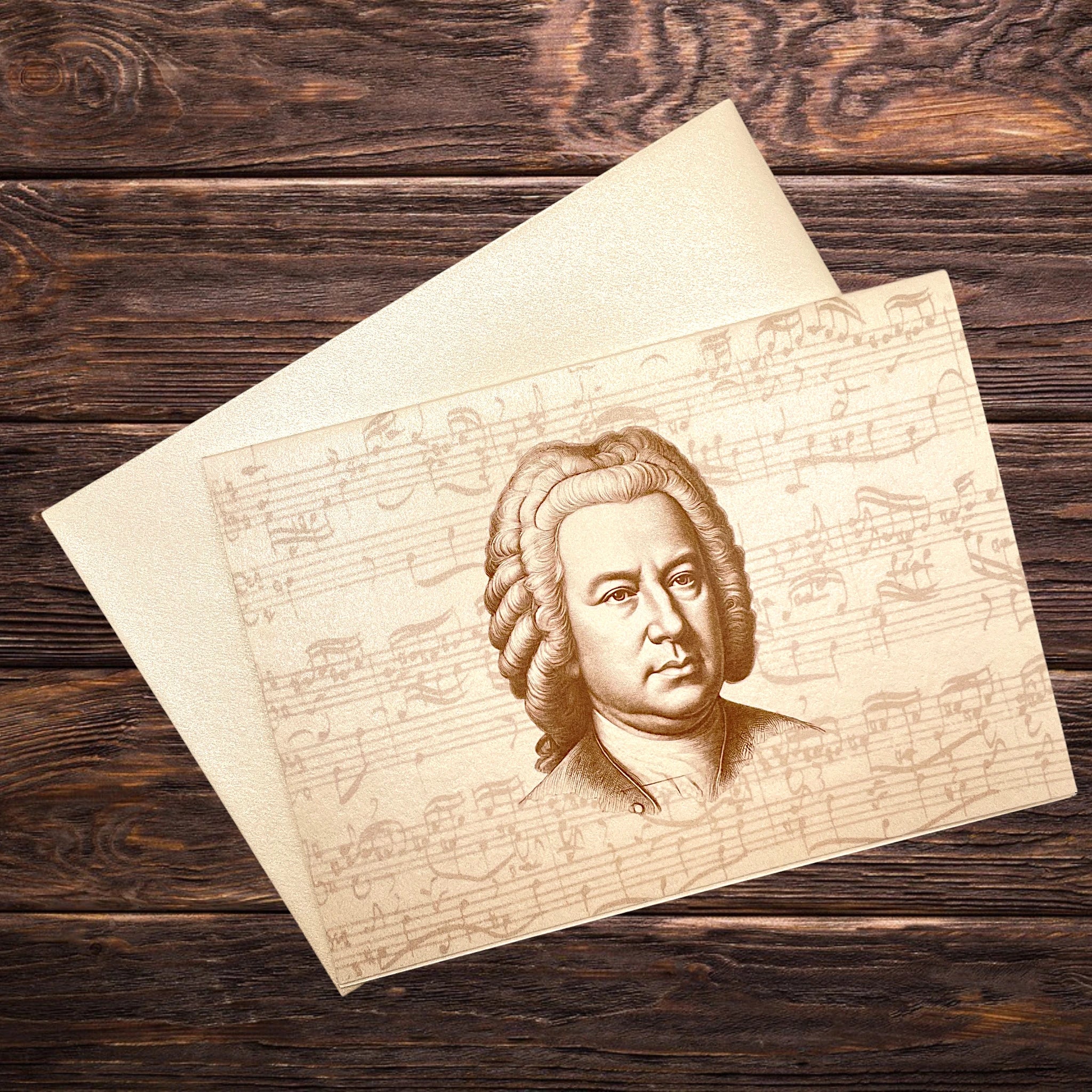 Karte mit dem Komponisten Bach als  Musik