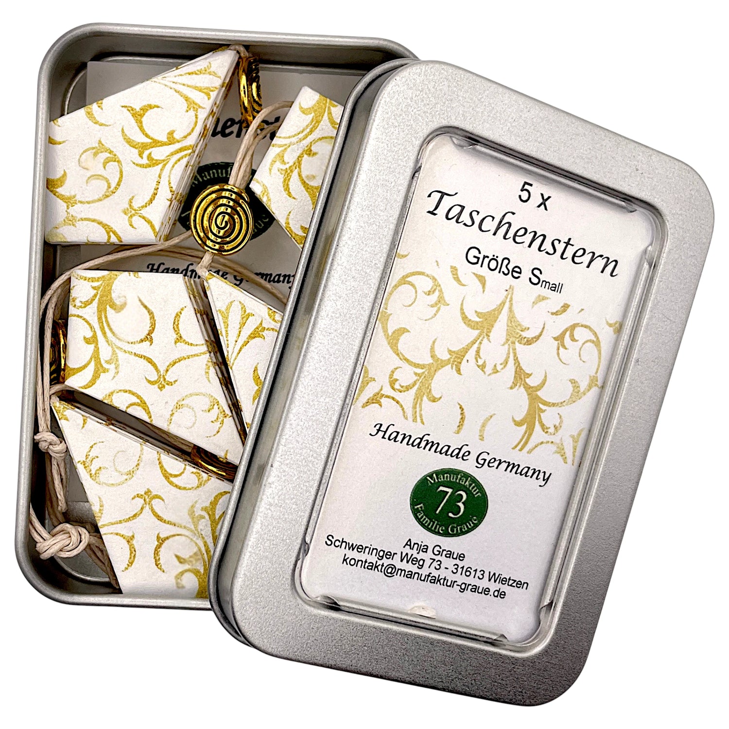 Handgefalteter Papierstern Arabeske Mini in Gold-Weiß-Gold aus hochwertigem Perlglanzpapier