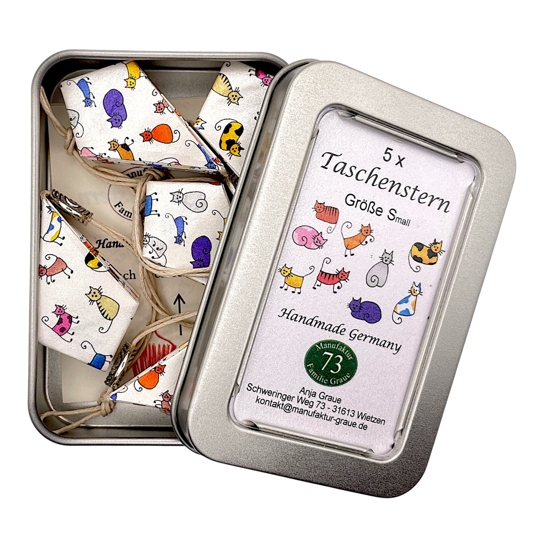 Handgefalteter Papierstern Mini mit fröhlichem Katzencomic-Motiv aus hochwertigem Papier.