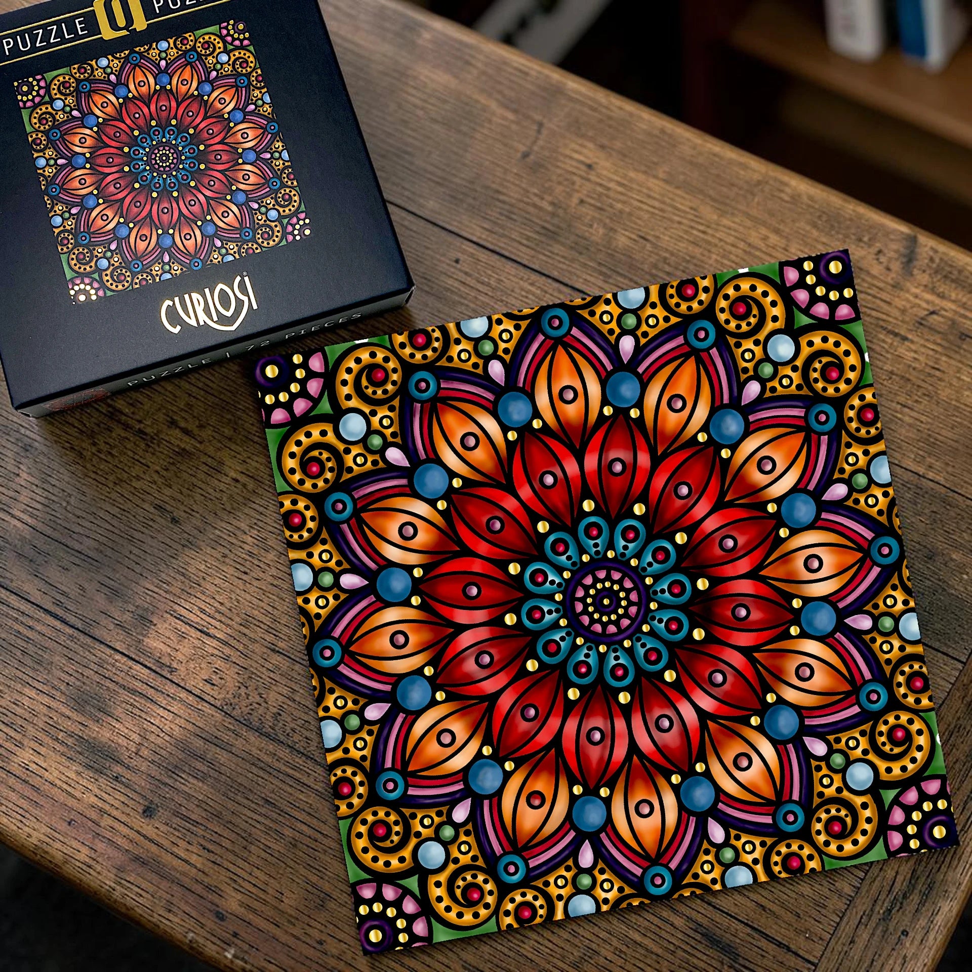 Puzzlebox und fertiges Puzzle „Mandala mit Goldglanz“ von Curiosi mit hochwertigem Goldglanzeffekt und 72 einzigartigen Puzzleteilen.