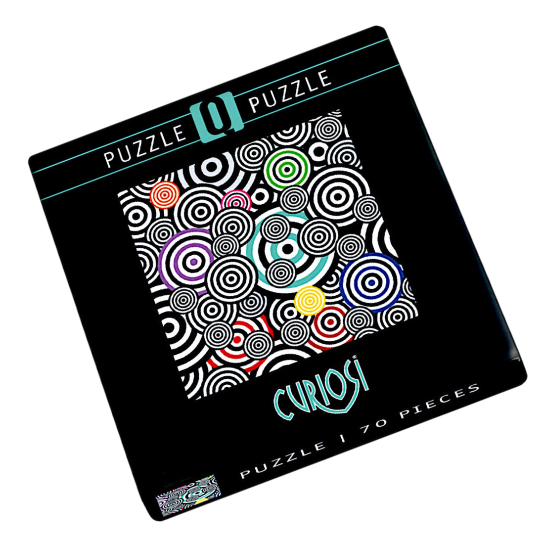 Puzzlebox „Bunte Kringel“ von Curiosi, Edition Q Pop 1 mit poppigem Kringelmotiv und 70 einzigartig geformten Puzzleteilen.
