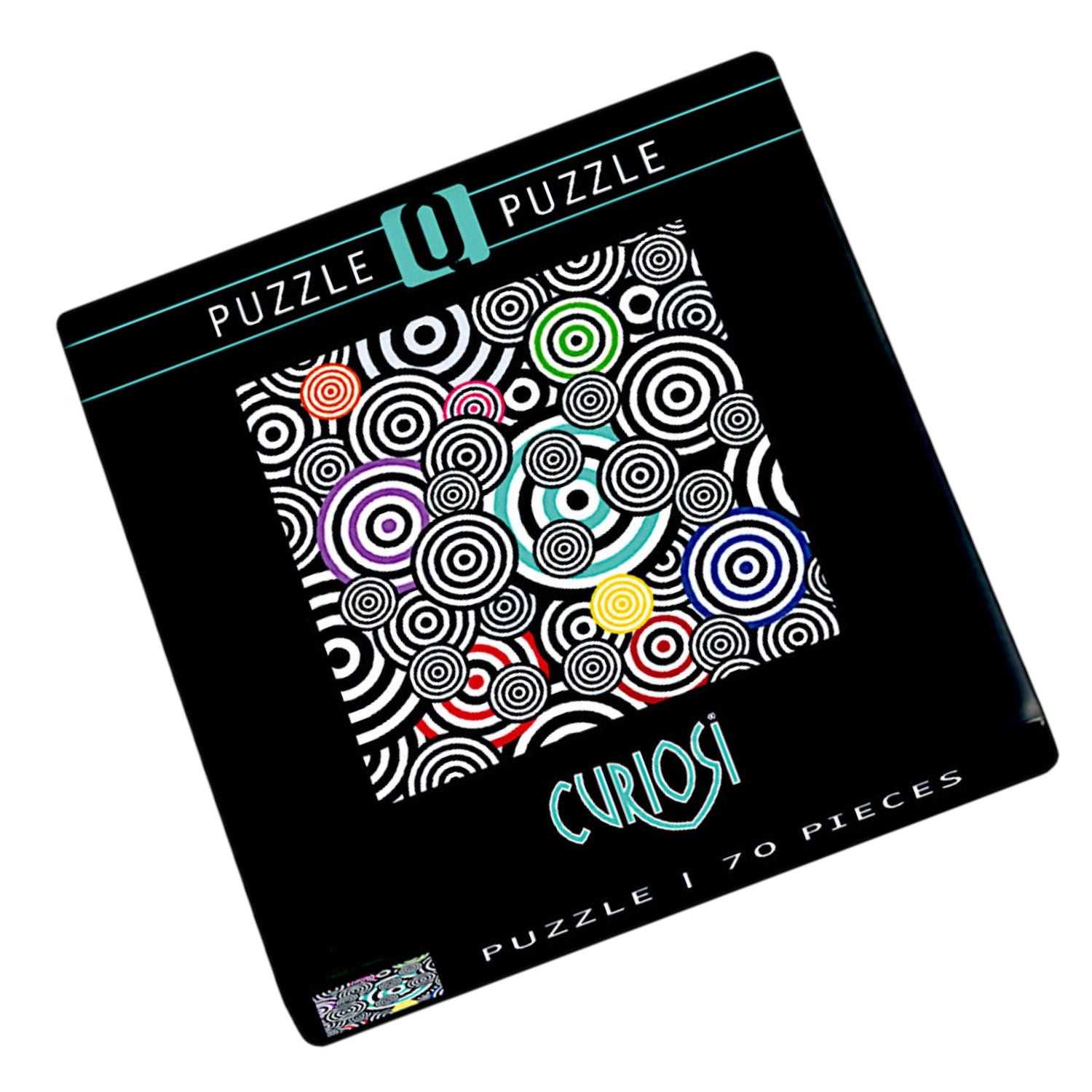 Puzzlebox „Bunte Kringel“ von Curiosi, Edition Q Pop 1 mit poppigem Kringelmotiv und 70 einzigartig geformten Puzzleteilen.