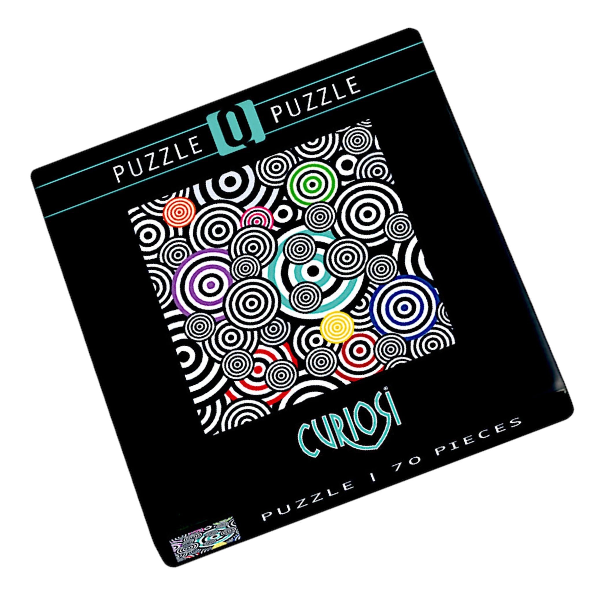 Puzzlebox „Bunte Kringel“ von Curiosi, Edition Q Pop 1 mit poppigem Kringelmotiv und 70 einzigartig geformten Puzzleteilen.