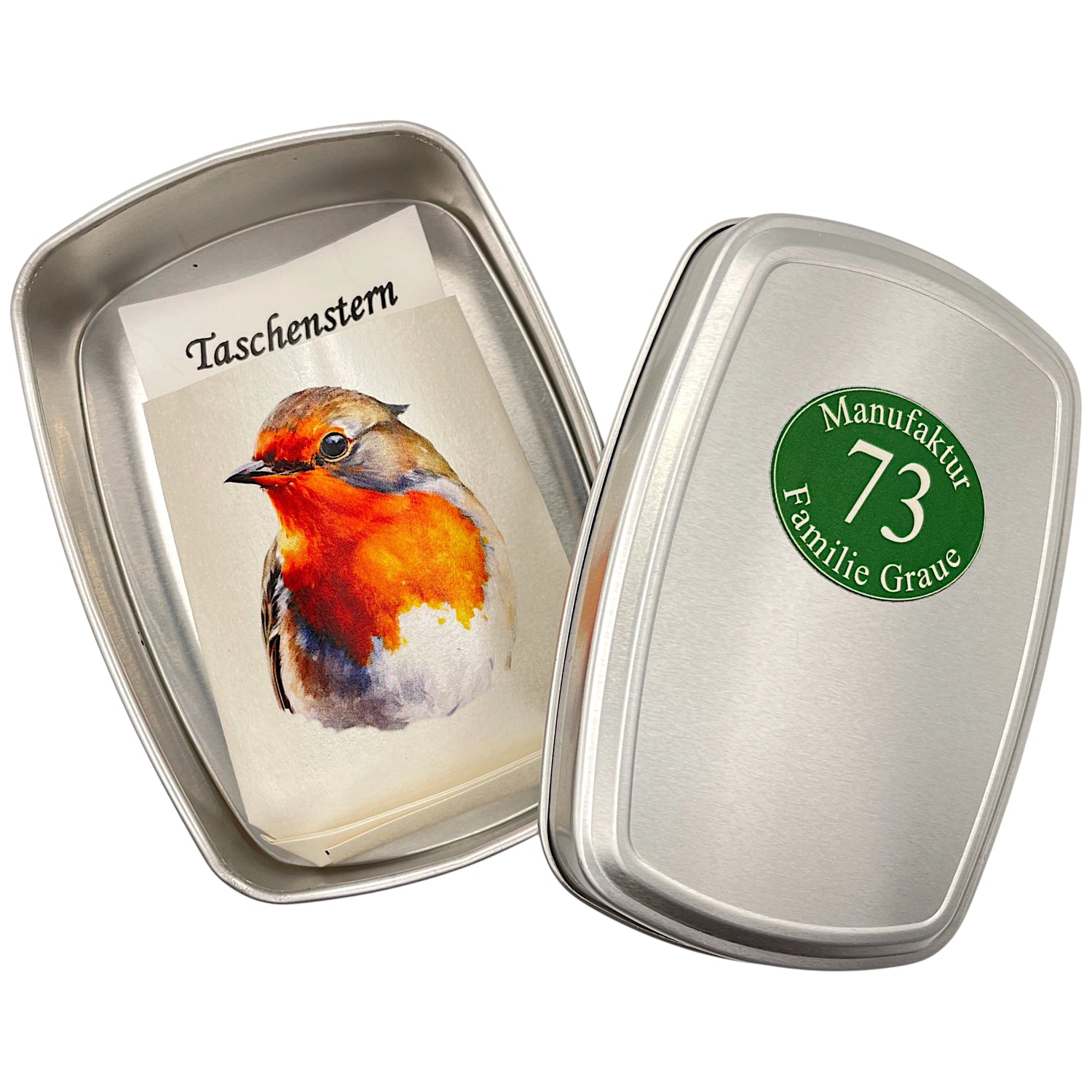für den Taschenstern und Stern eine Dose mit Rotkehlchen