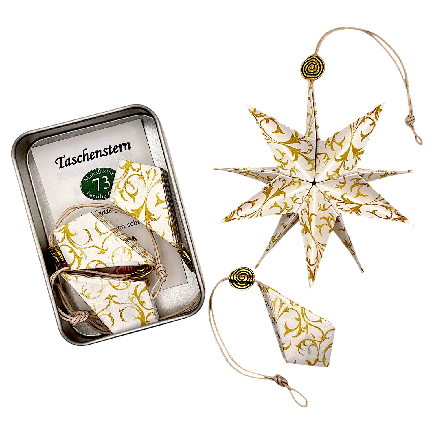 Mini Taschenstern Arabeske in Gold-Weiß-Gold zusammengefaltet mit passendem Etui