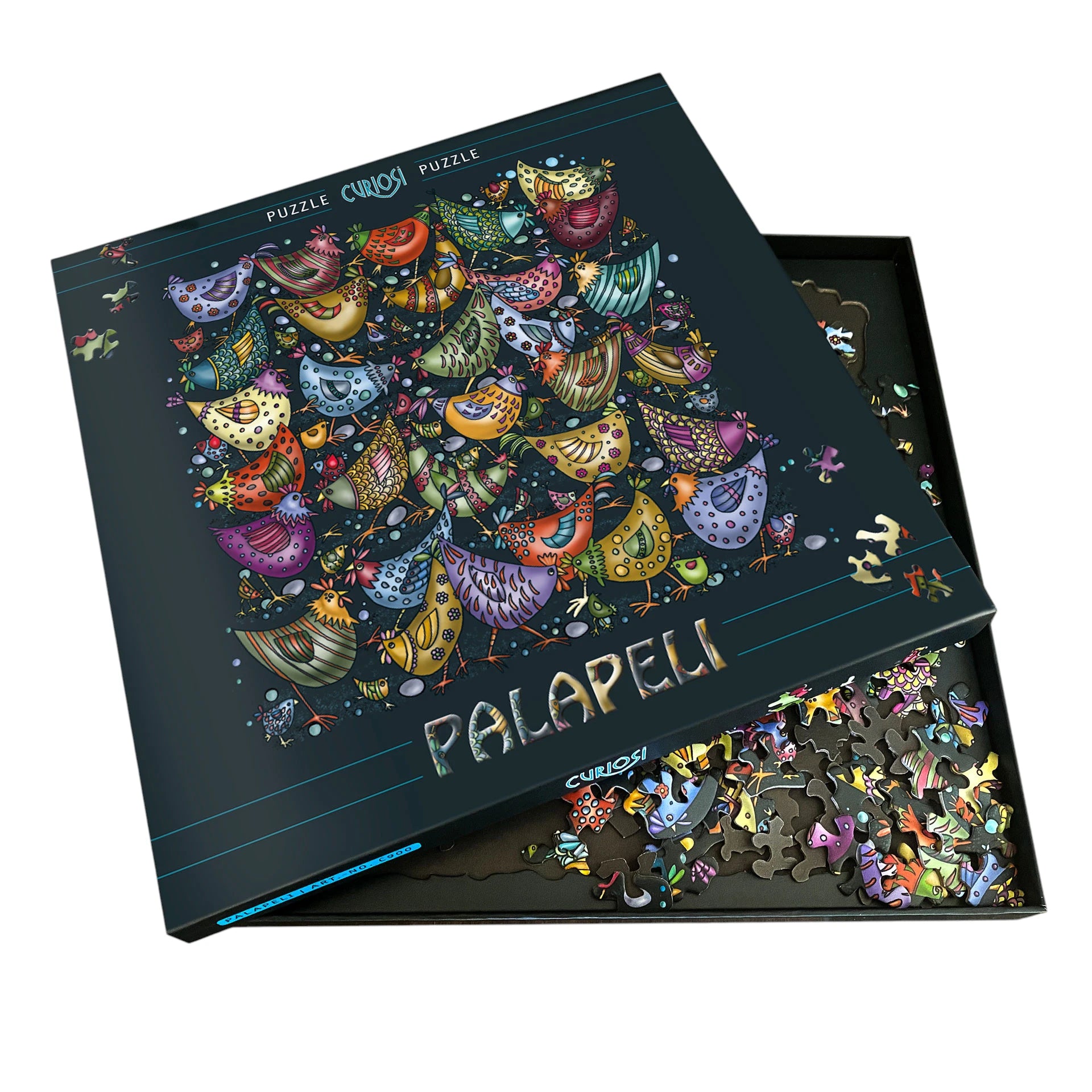 Curiosi Puzzle „Hühnerhaufen“ mit geöffneter Puzzlebox und einzigartigen Puzzleteilen.