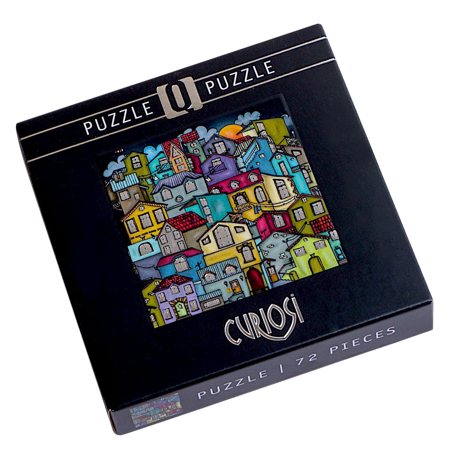 Puzzlekarton des Curiosi-Puzzles „Kunterbunte Stadt“ mit farbenfrohem Stadtmotiv.