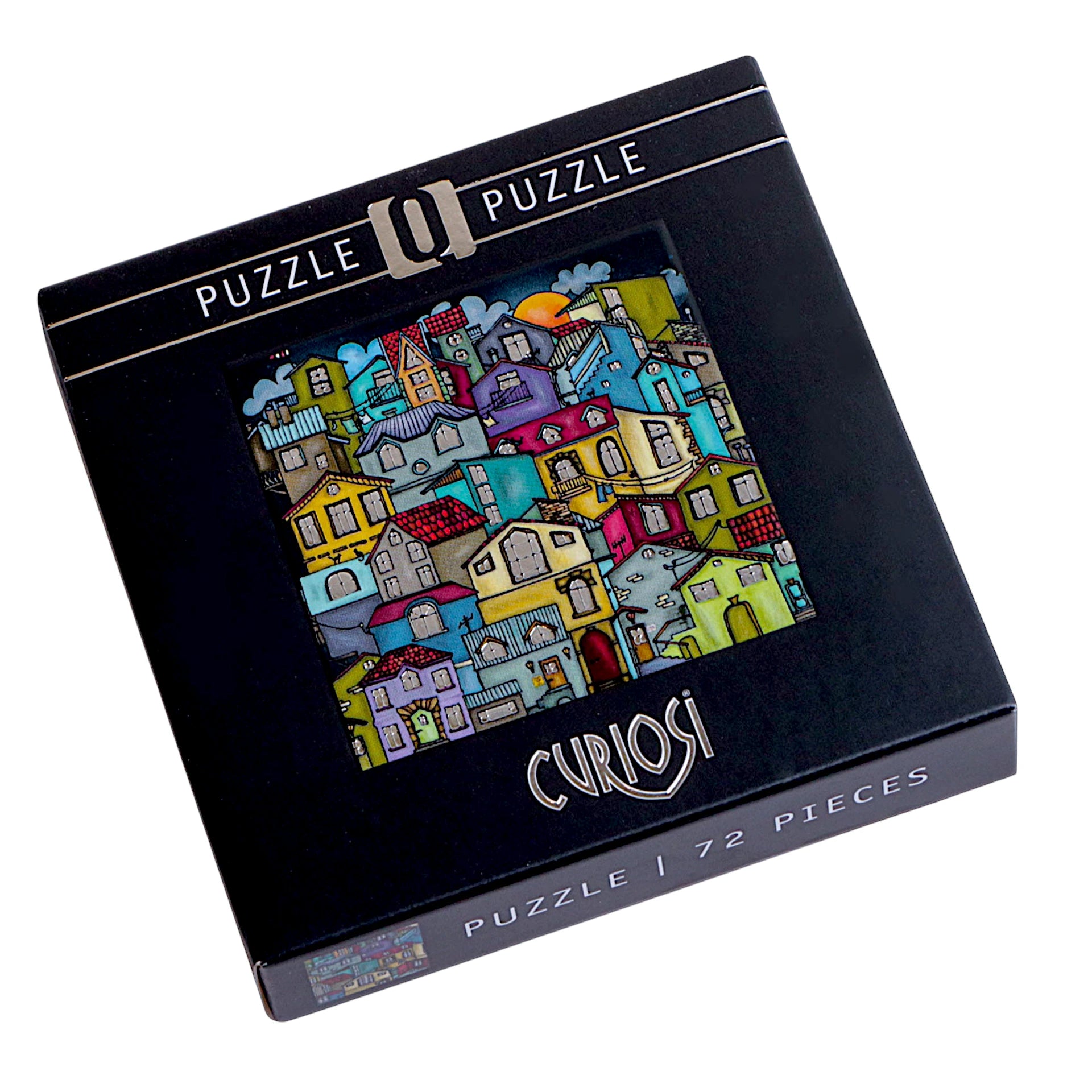 Puzzlekarton des Curiosi-Puzzles „Kunterbunte Stadt“ mit farbenfrohem Stadtmotiv.