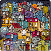 Gelegtes Curiosi-Puzzle „Kunterbunte Stadt“ mit detailreicher, farbenfroher Häuserlandschaft.