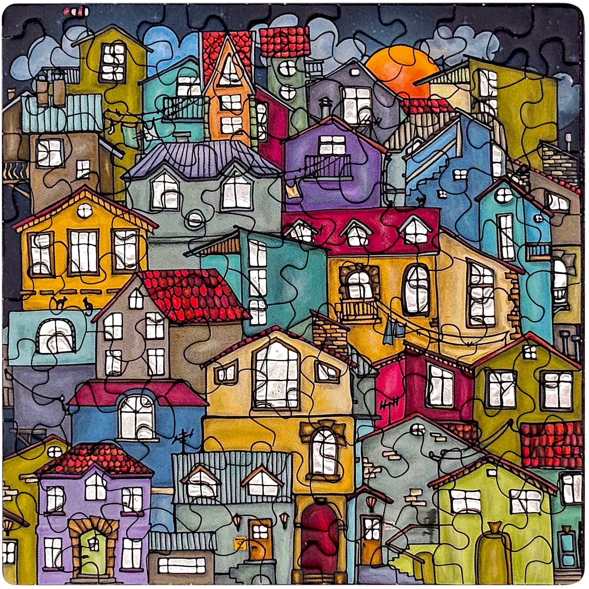 Gelegtes Curiosi-Puzzle „Kunterbunte Stadt“ mit detailreicher, farbenfroher Häuserlandschaft.