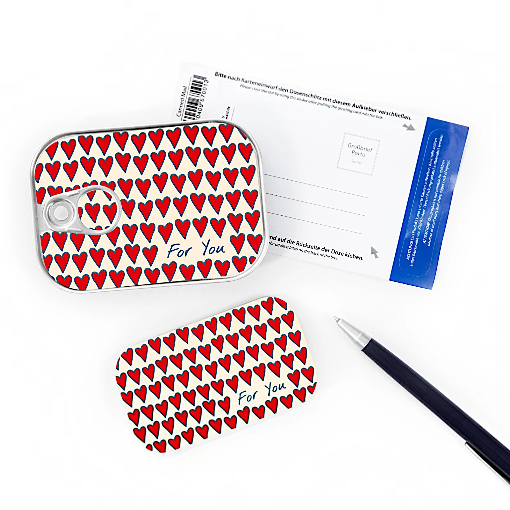 Dosenpost „For you“ mit Herzen und Karte – besondere Alternative zur klassischen Postkarte
