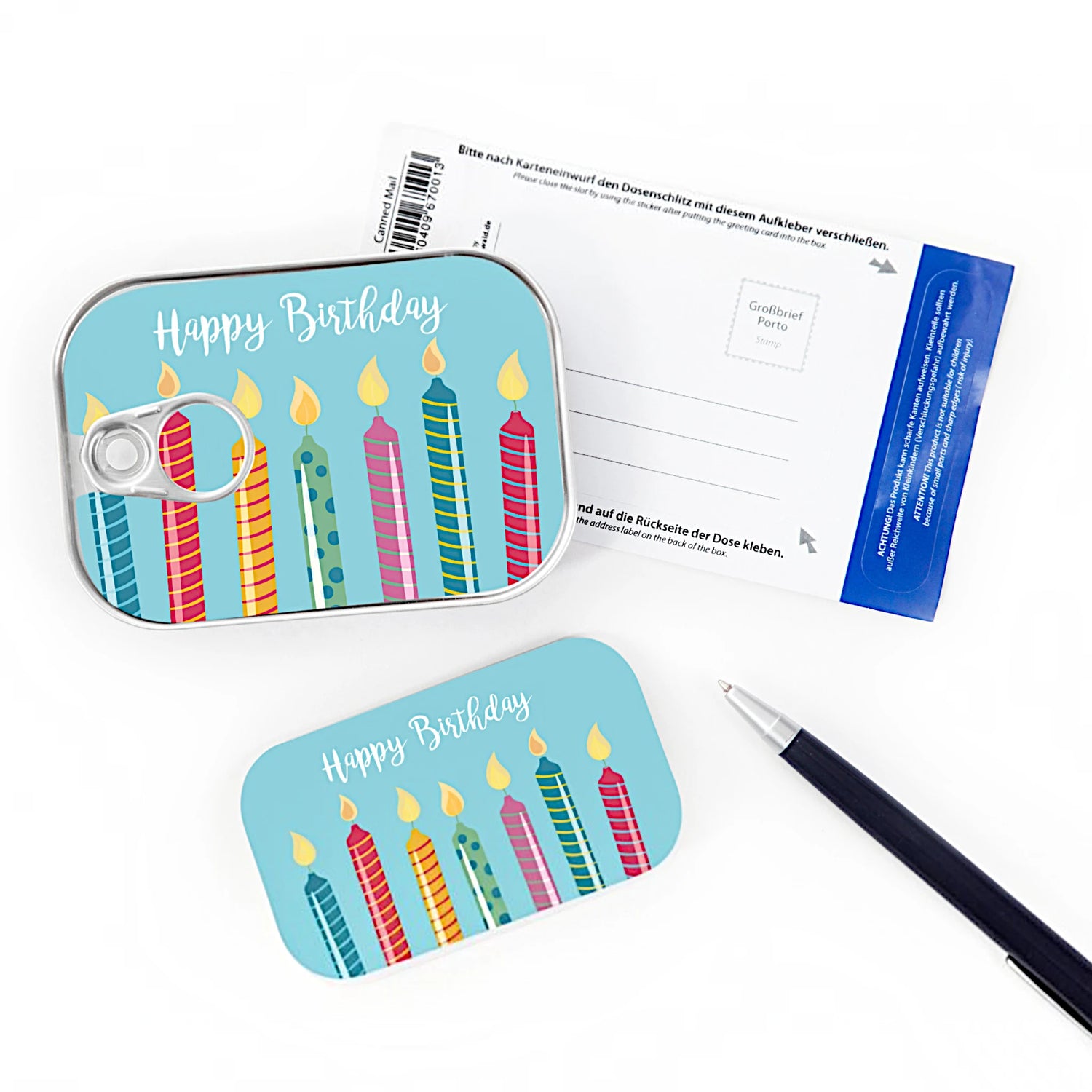Dosenpost Happy Birthday mit Kerzen und Karte – besondere Alternative zur Geburtstagspostkarte

