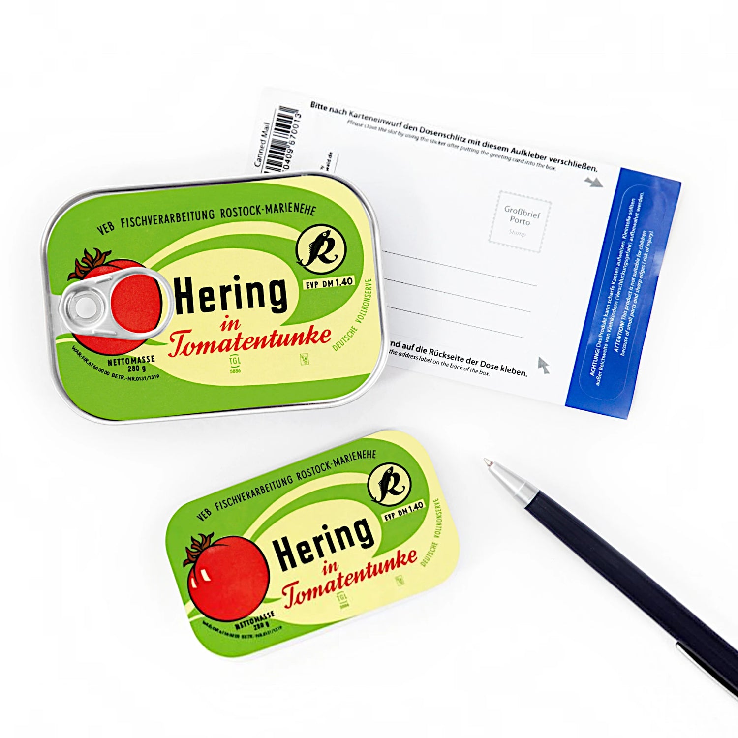 Dosenpost Hering in Tomatentunke im Retro-Design mit herausnehmbarer Grußkarte
