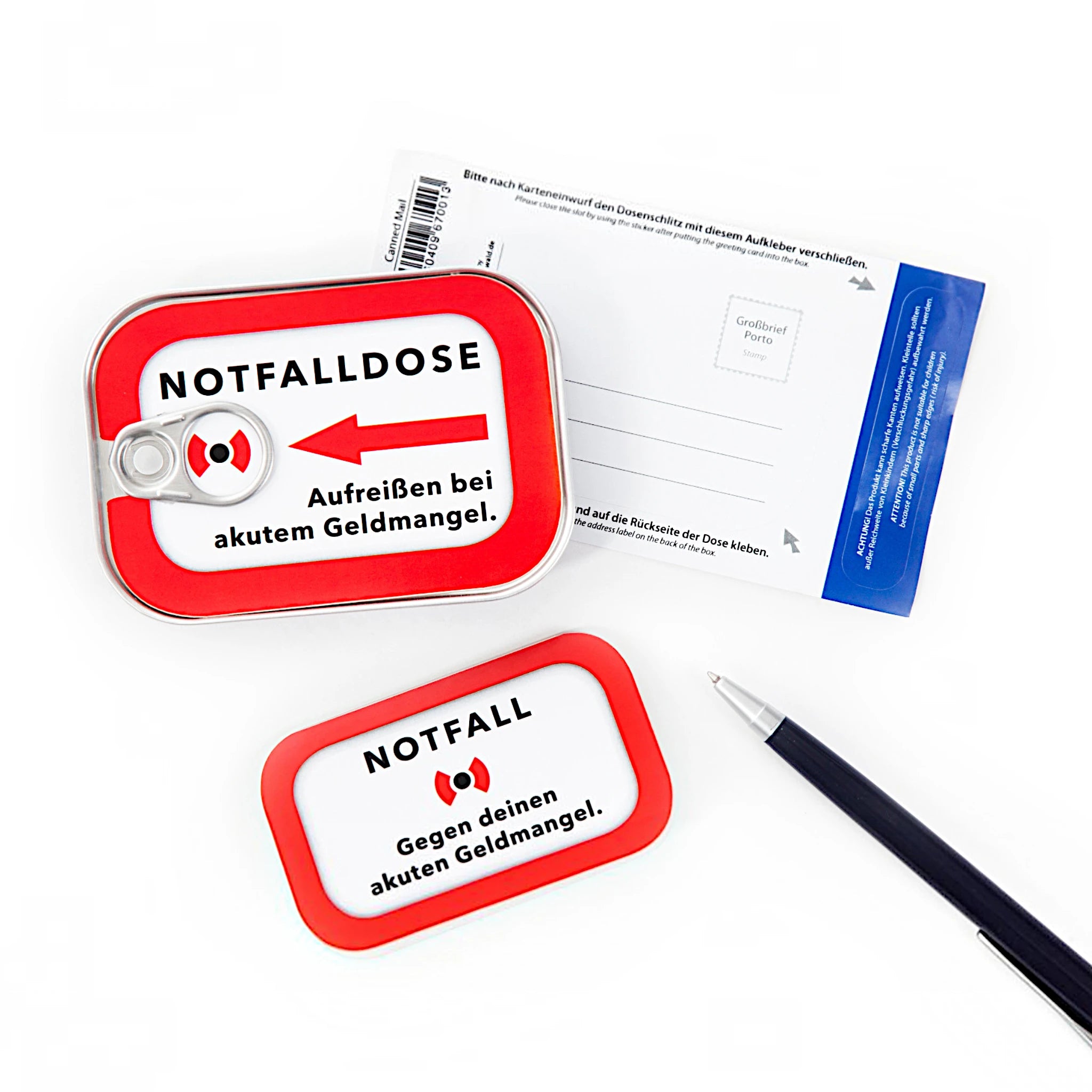 Dosenpost Notfalldose mit Postkarte als originelle Verpackung für ein Geldgeschenk
