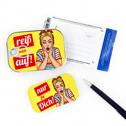Dosenpost Reiß mich auf mit Karte – originelle Alternative zur klassischen Postkarte
