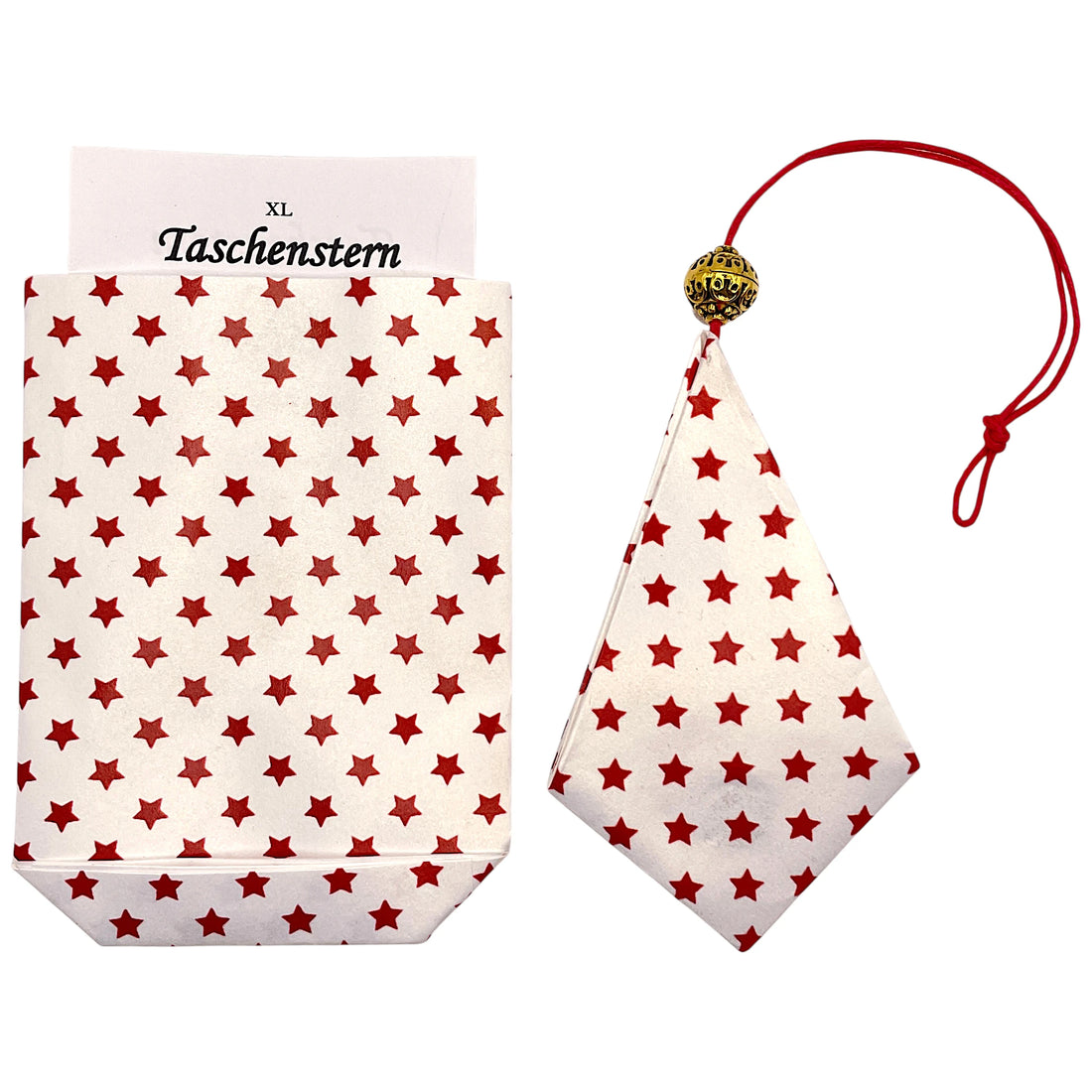Papierstern in Goldweiß mit roten Sternen und passendem Etui – dekorativer Weihnachtsstern aus hochwertigem Papier.