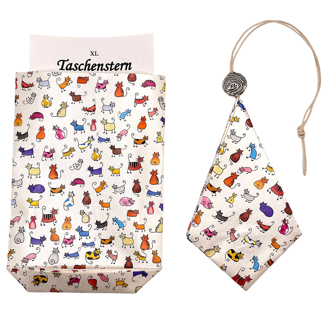 Papierstern mit lustigen Katzen-Comics und passendem Etui – dekorativer Faltstern für Weihnachten.