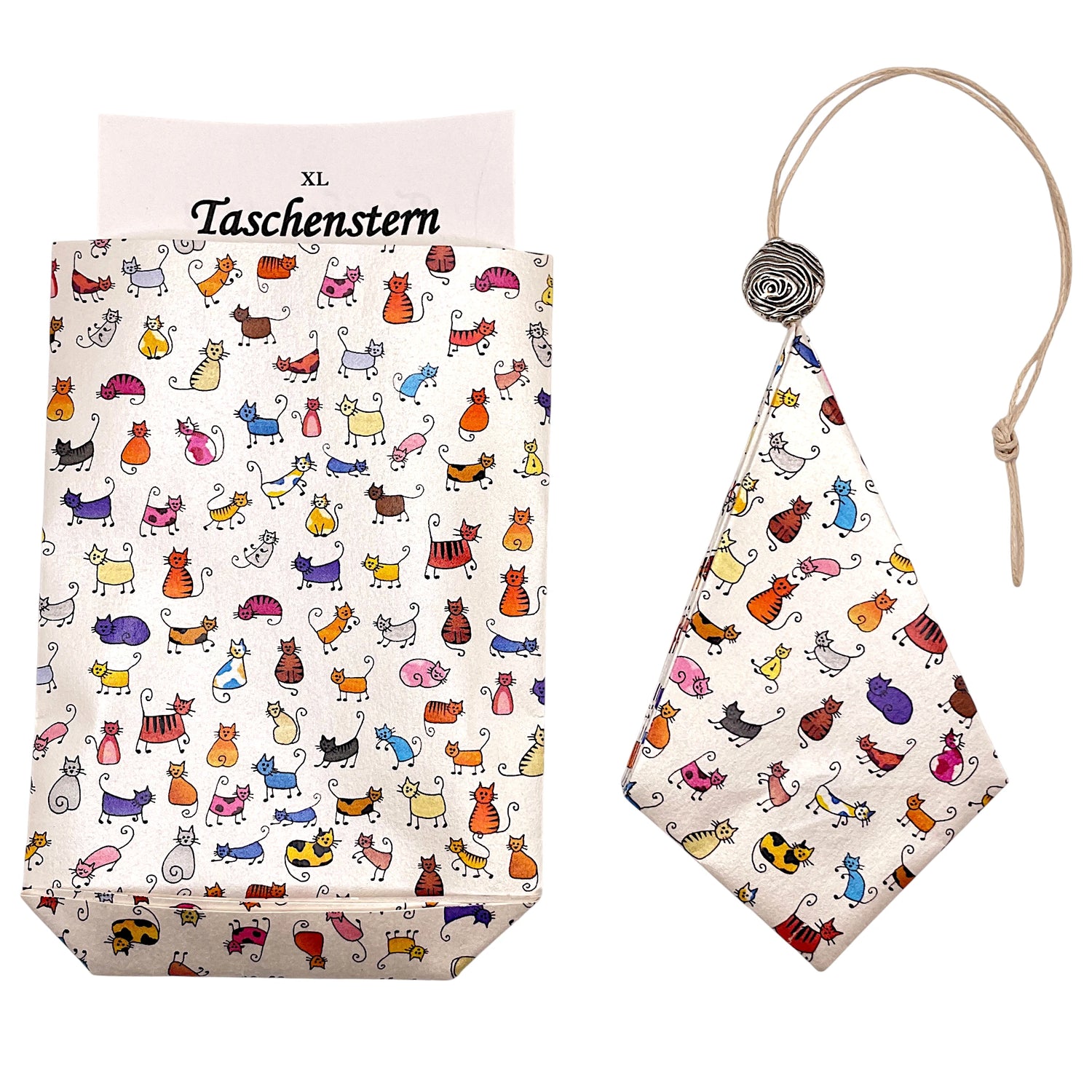 Papierstern mit lustigen Katzen-Comics und passendem Etui – dekorativer Faltstern für Weihnachten.