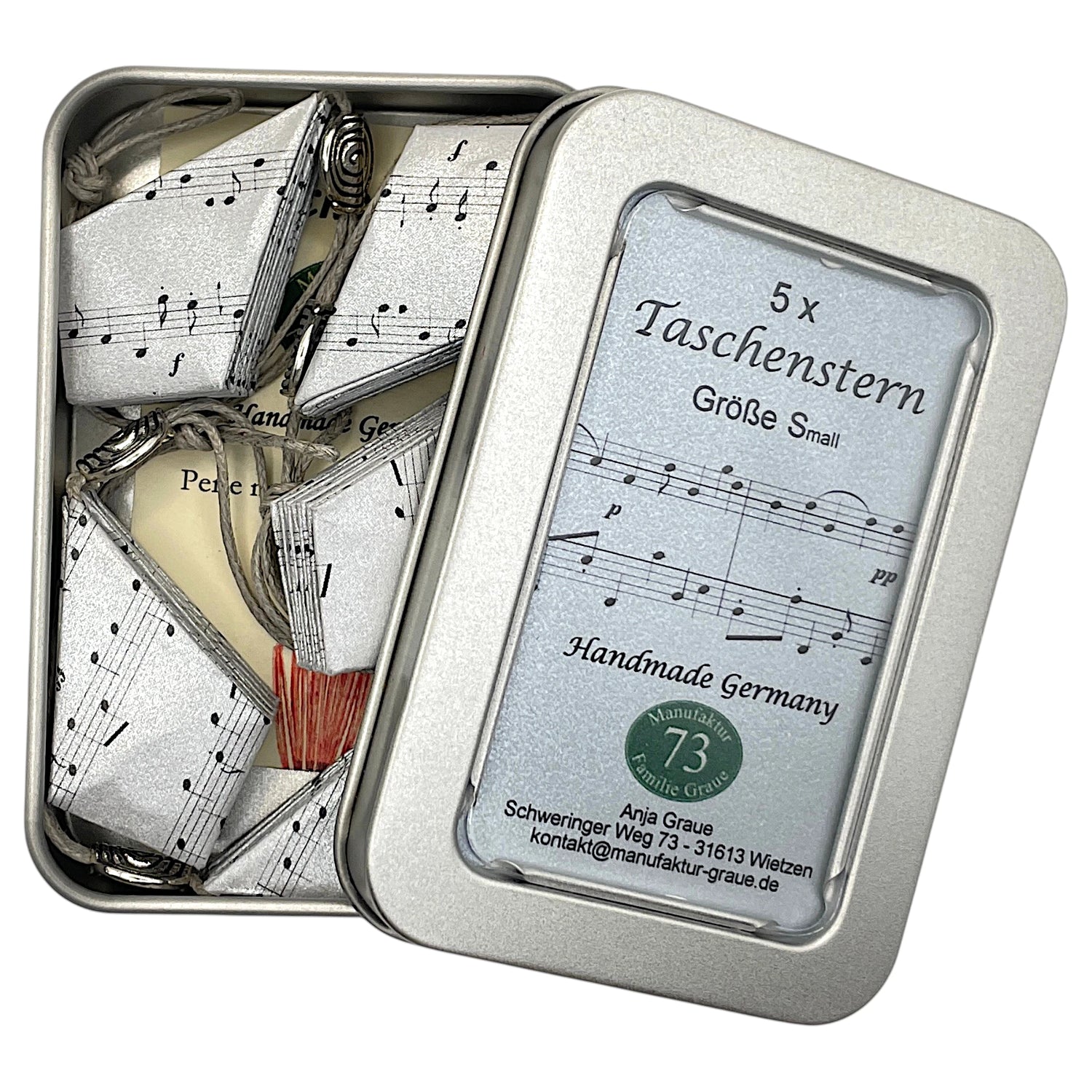 Papierstern Noten Mini in Silber – handgefalteter Stern mit Notenmotiv