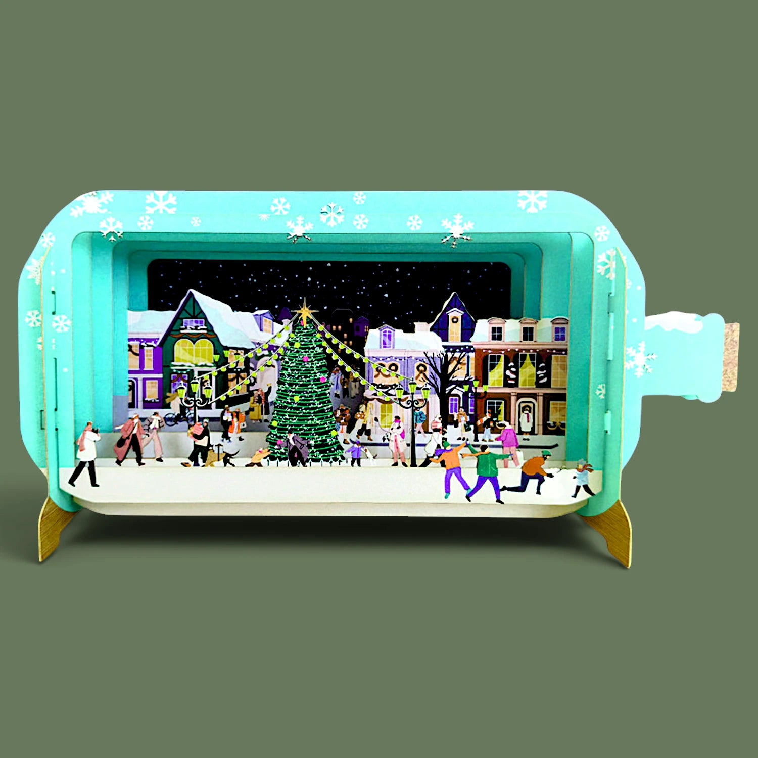 3D Pop-up-Weihnachtskarte mit winterlicher Stadt und festlich geschmücktem Weihnachtsbaum