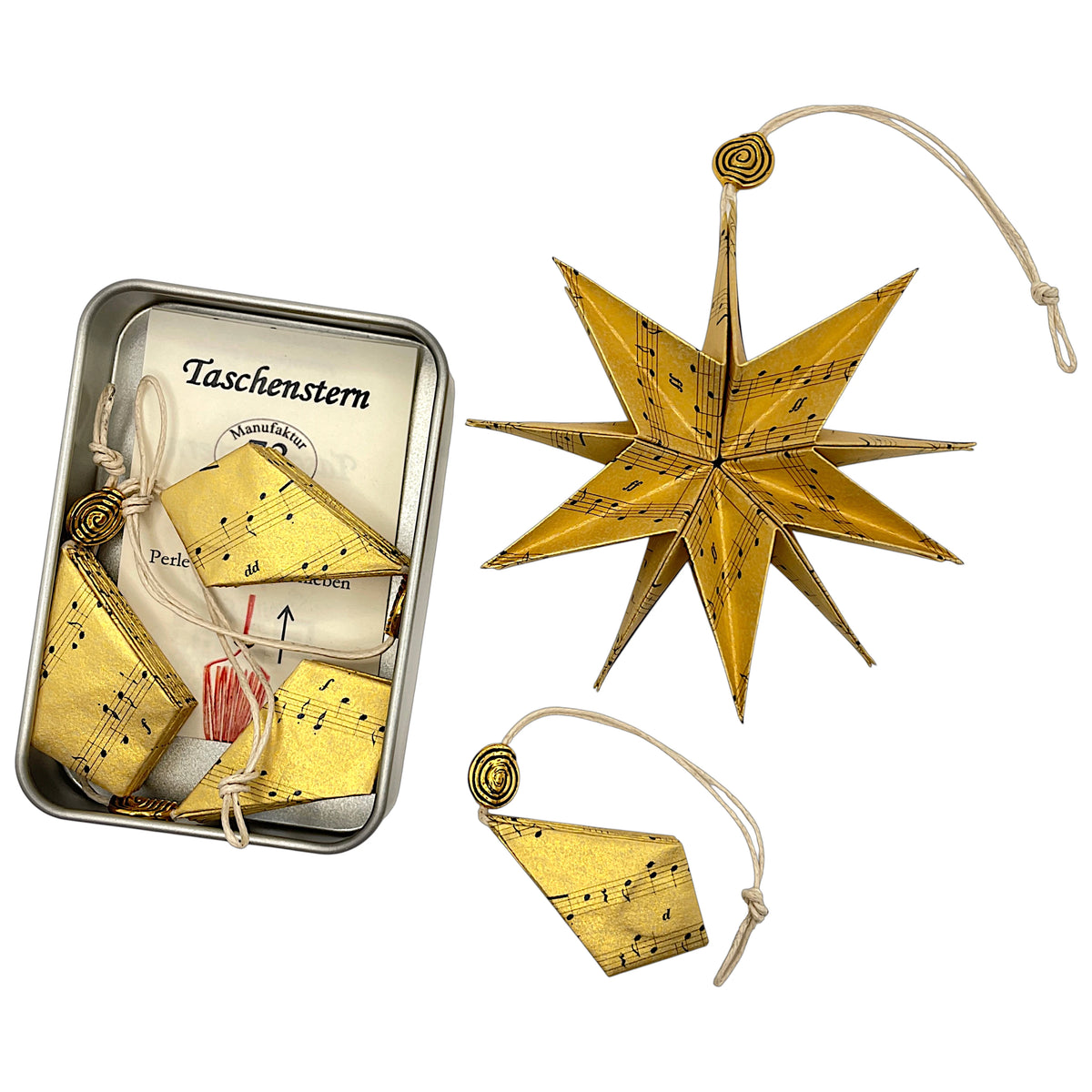Weihnachtsstern in Gold mit Noten – kleiner handgefalteter Papierstern
